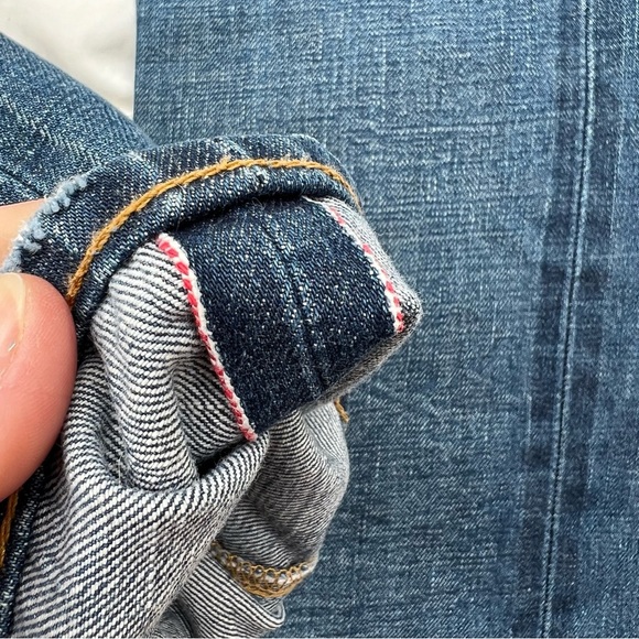 AG Straight Leg Selvedge Jeans Distressed Ripped Knees Medium Blue Wash - Picture 7 of 11